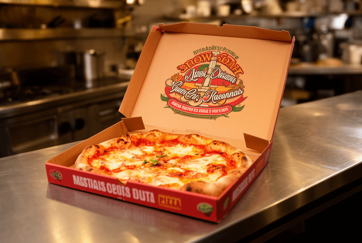 boîte pizza personnalisée ouverte avec pizza en cuisine professionnelle